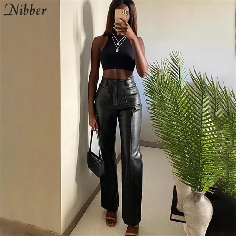 Nibber Luxurious Faux Leather Vintage Y2K Leisure Straight Pants For Women Autumn Winter Office Lady Slim Design Trousers Female