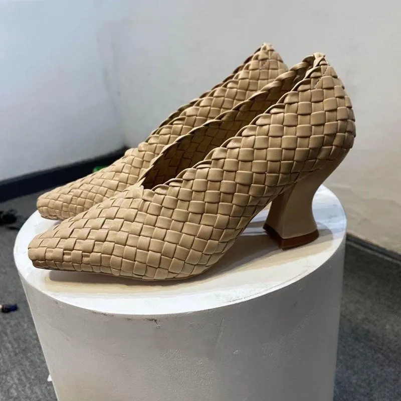 2020 square toe weave genuine leather pumps women chunky high heel shallow shoes woman runway slip on shoes woman