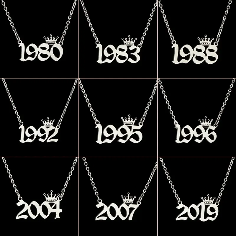 English Number Letter Necklace Stainless Steel Chain Crown Necklace for Women Birthday Gift Female Birth Year Necklaces