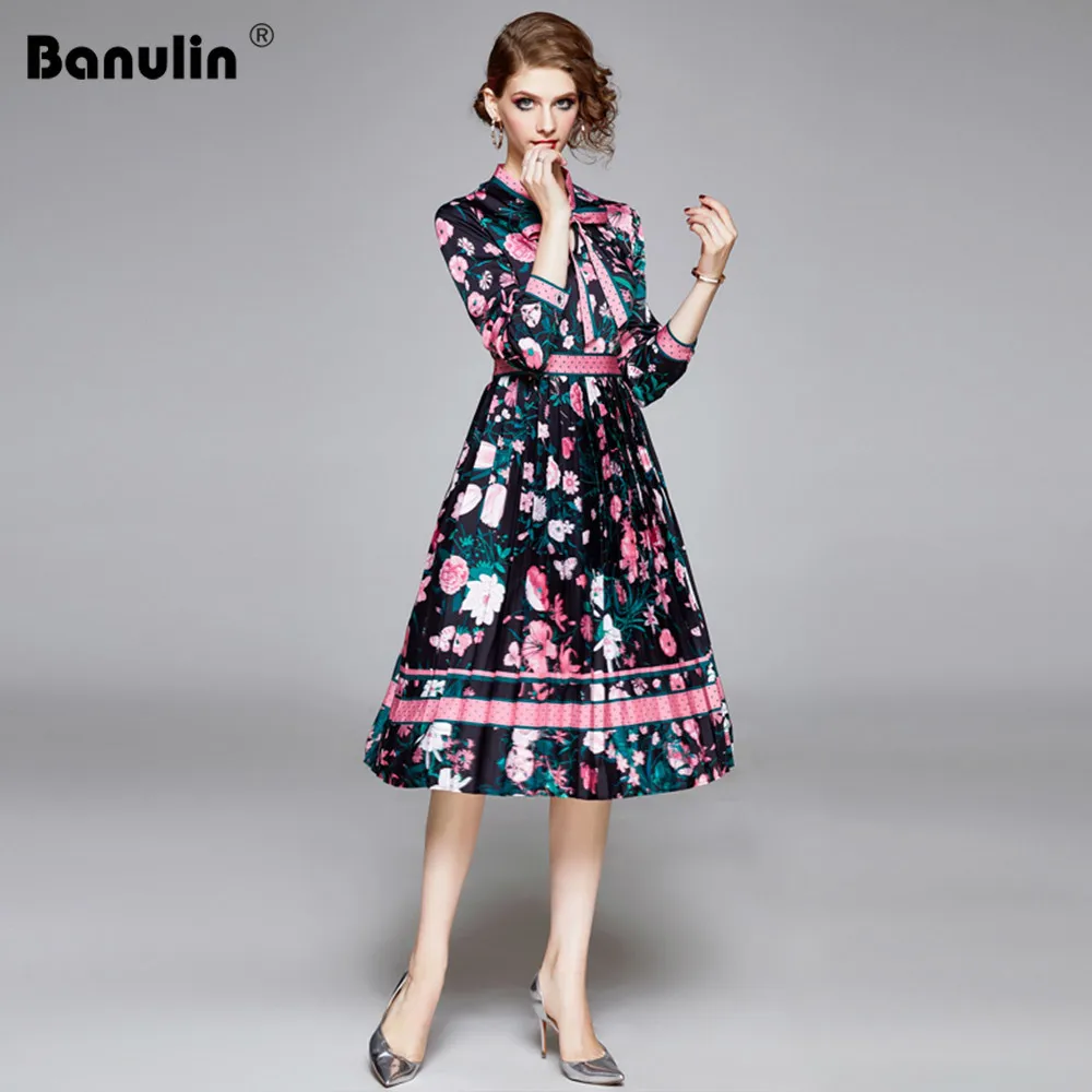 Banulin Jesień Runway Designer Elegancka Sukienka Plisowana Damska Damska Z Długim Rękawem Kwiatowa Drukowana Dresy Dot Print Bow Vestidos 201204