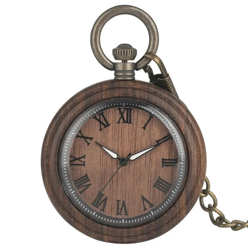 Classict Brown Ebony Quartz Pocket Watch Män Lysande Pekare Träfall Kvinnor Hängsmycke Klocka Stor Ringgåva Taschenuhr Ny T200502