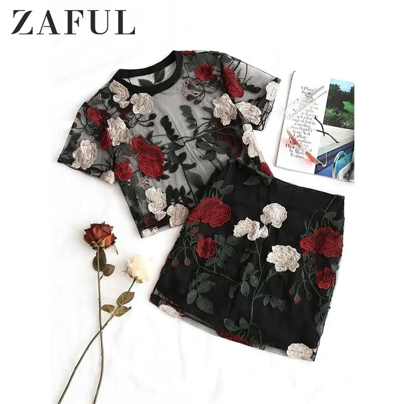 Zaful Floralの刺繍網のブラウス鉛筆のスカートセットセクシーな2つの部分女性セットストリートウェアフラワーサマービーチハイウエストスカートT200325