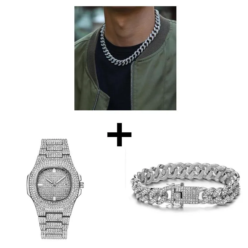 Серебряное ожерелье, браслет для часов в стиле хип-хоп, Майами, бордюр, кубинская цепочка, золото, полностью замороженное, стразы, CZ, Bling для мужчин, Jewelry1896