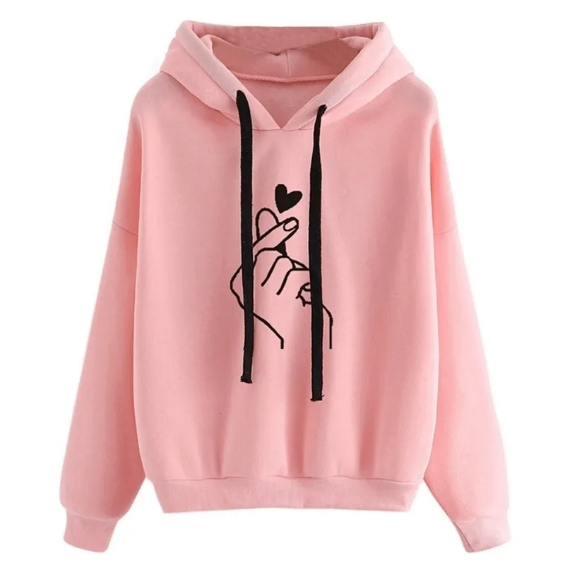 Harajuku Damskie bluzy i bluzy Oversize KPOP Czarny Różowy Love Finger Casual Streetwear Girls Hood Długie Rękaw Dres 201216