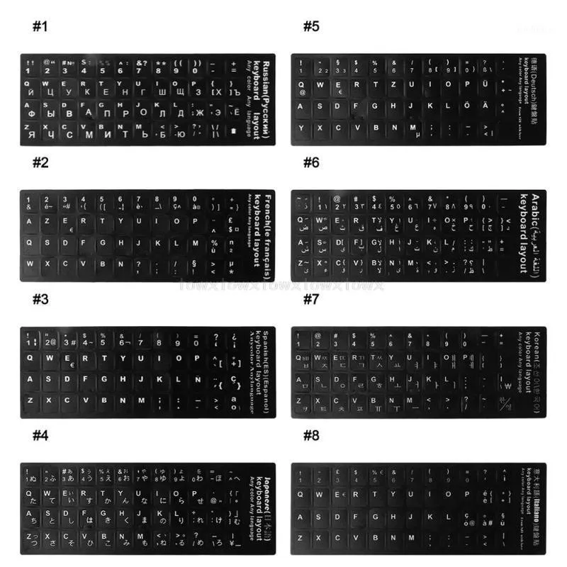 Tangentbord täcker hållbart språk klistermärke vita ryska/franska/spanska/japanska/tyska/arabiska/koreanska/italienska bokstäver för bärbar dator PC O241
