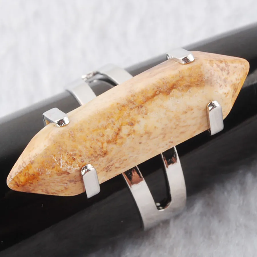 Wojiaer Unik ring för kvinnor Hexagonal Natural Picture Jasper Stone Beads Rings Silver Color Party Jewelry X3016