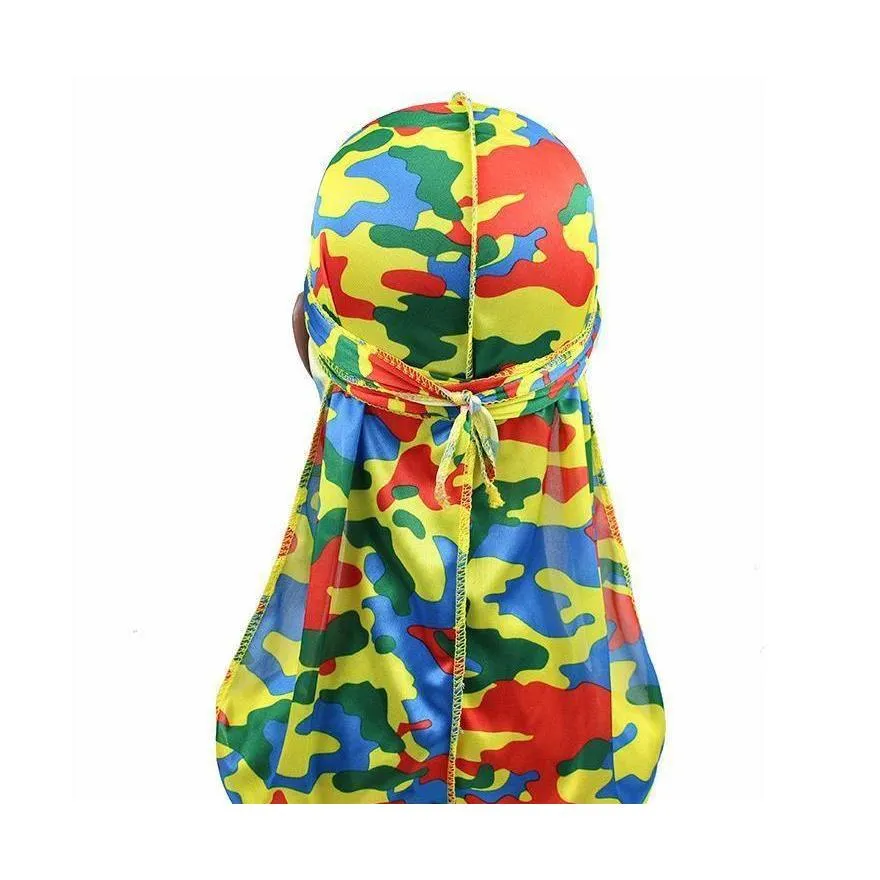 miltary camouflage silky durag hot new colorful premium 360 waves long tail silky durags hiphop caps for men and women high quality