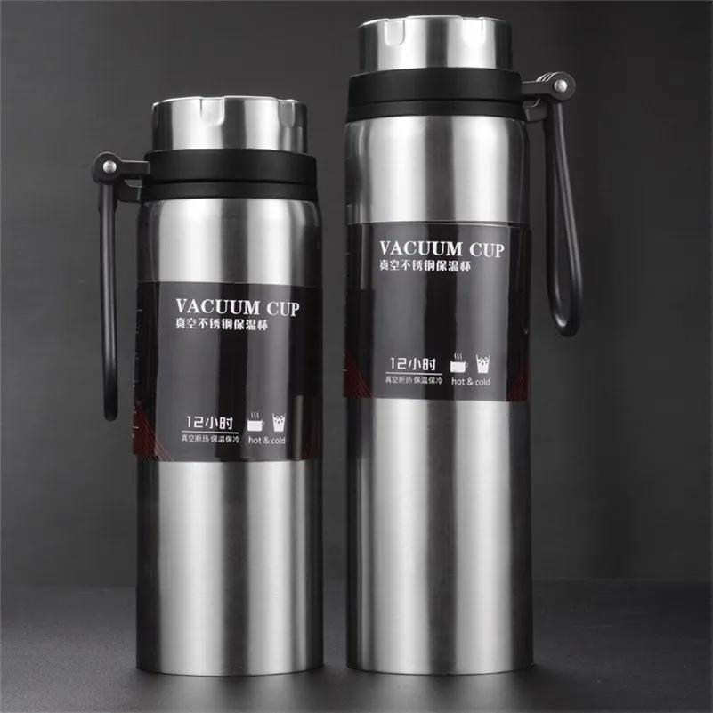 Bouteille de sport 800 ml / 1000 ml grande capacité double thermos en acier inoxydable voyage en plein air portable flacon à vide de voiture étanche 201204