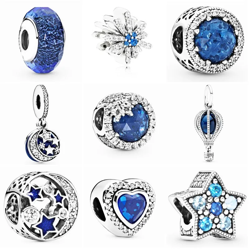 Se adapta a las pulseras Pandora 20 unids DIY Heart of the Ocean Blue Moon Star Crystal Dangle Charm Bead Fit Pandora Charms Pulsera Pulsera Beads para la fabricación de joyas de plata esterlina 925
