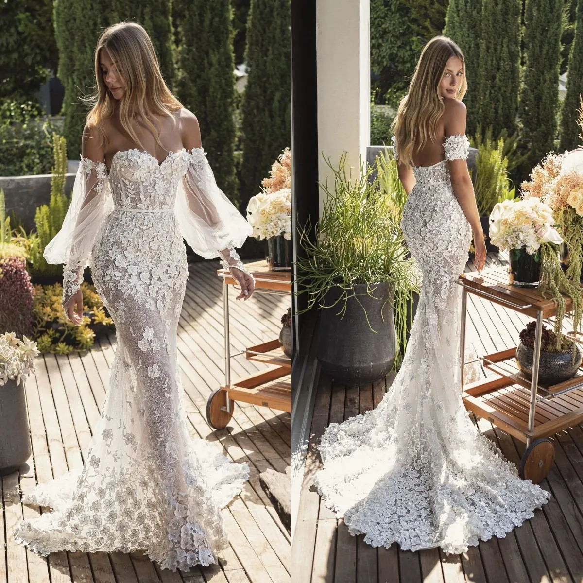 2021 Abiti da sposa a sirena con fiori 3D Sexy con spalle scoperte Manica lunga Appliques Backless Sweep Train Abiti da sposa abiti da sposa