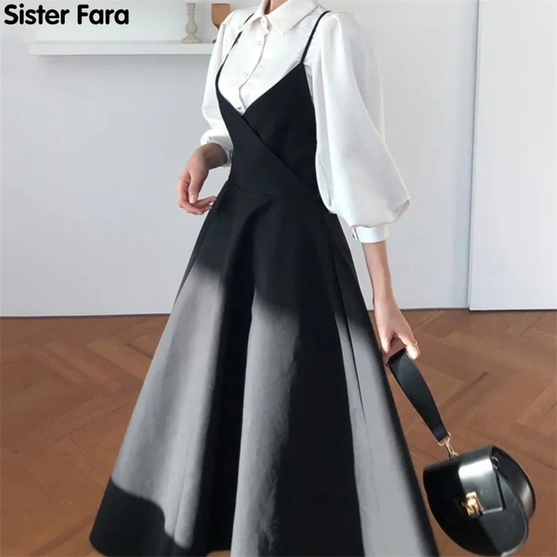 姉妹ファーラスプリングドレス女性シングルブレストランタンスリーブシャツセット+キャミソール弓プリーツソリッドドレス220308