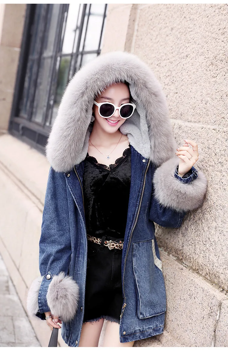 Denim winter coat online with fur hood