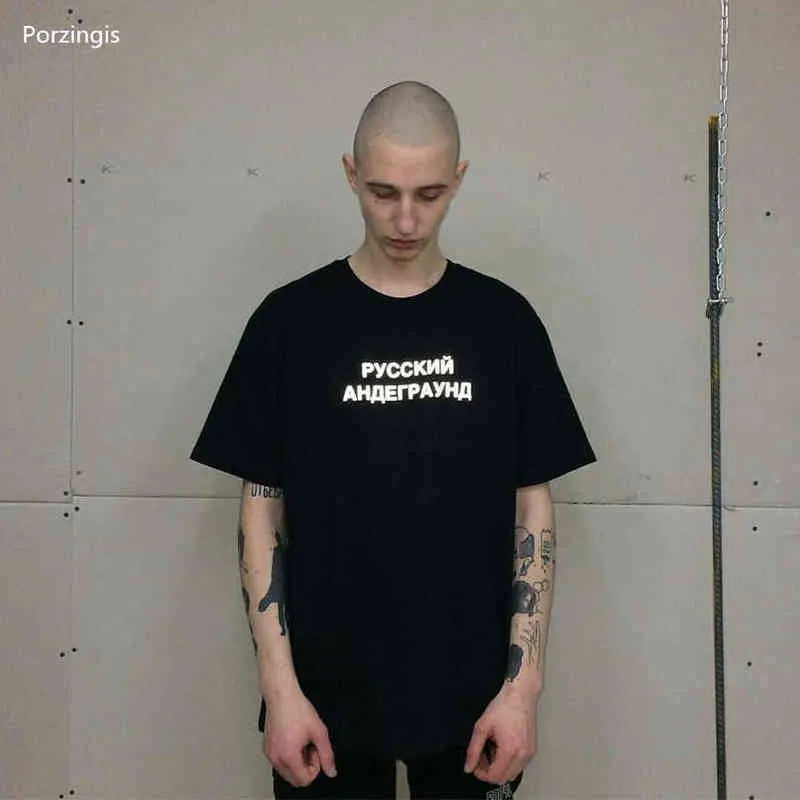 PorzingisメンズTシャツ反射ロシア語碑文ロシアの地下夏ファッション男性Tシャツ綿Unisex Tee Tops G1222