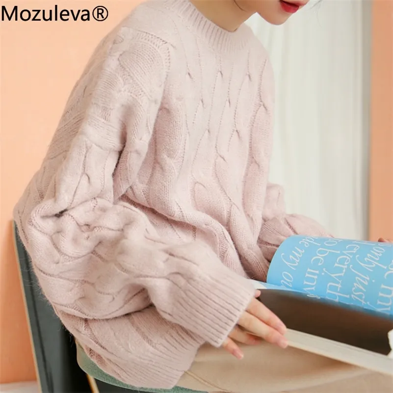 Mozuleva Cashmere Свободные сгущает теплый пуловер свитер для женщин осень зима O-шеи полная рукава сплошной вязаный джемпер Femme 201111