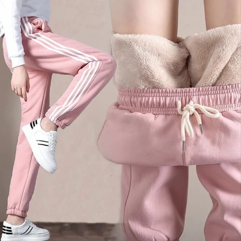 Sweatpants الأسود المرأة عارضة تجريب الوردي الصوف السراويل سميكة الدافئة الشتاء السراويل الخريف السراويل الحرارية النساء pantalones موهير 2011111111