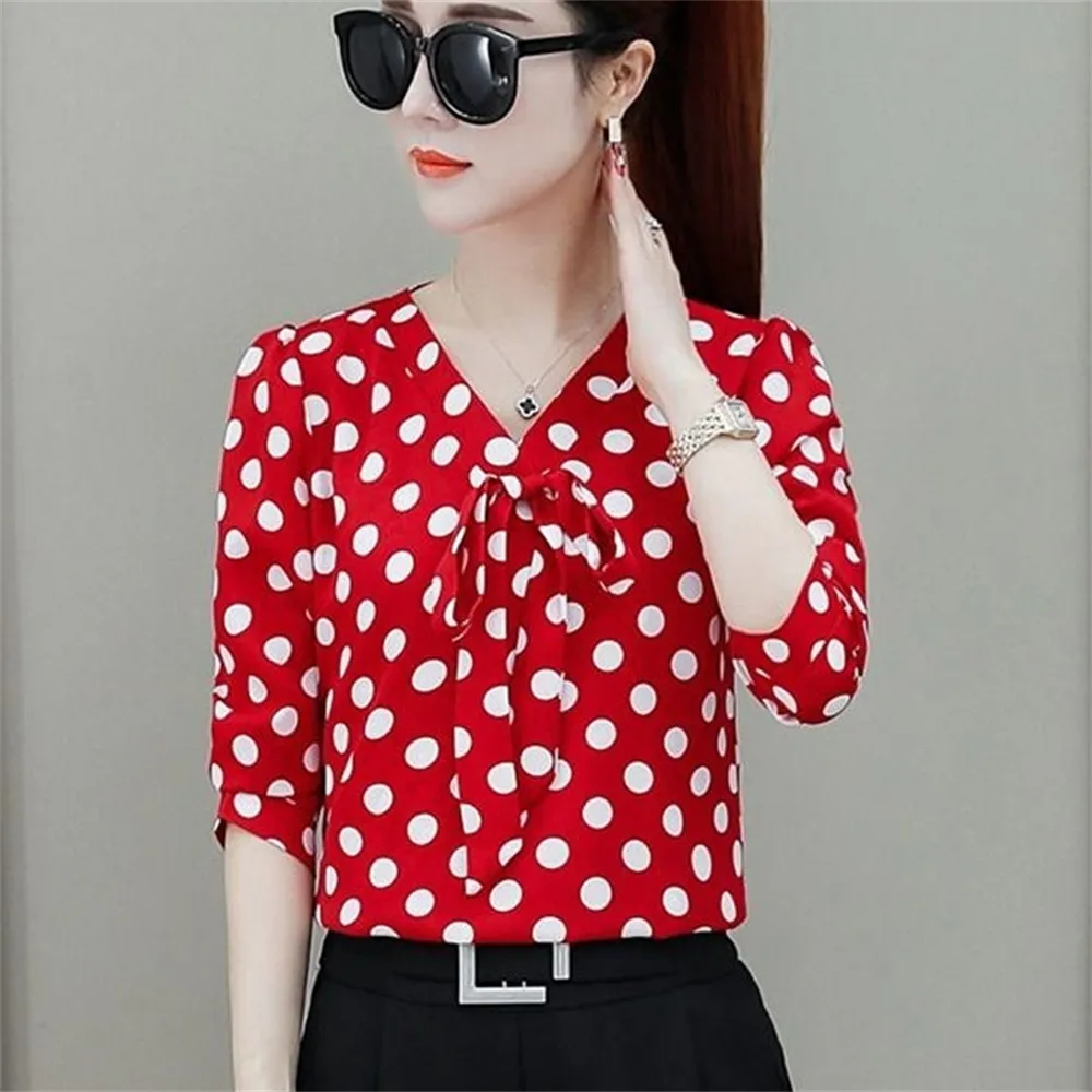 Slips långärmad blusa v krage polka dot blouses tröja avslappnad ny feminin eleganta kvinnor toppar camisas mujer lj200810