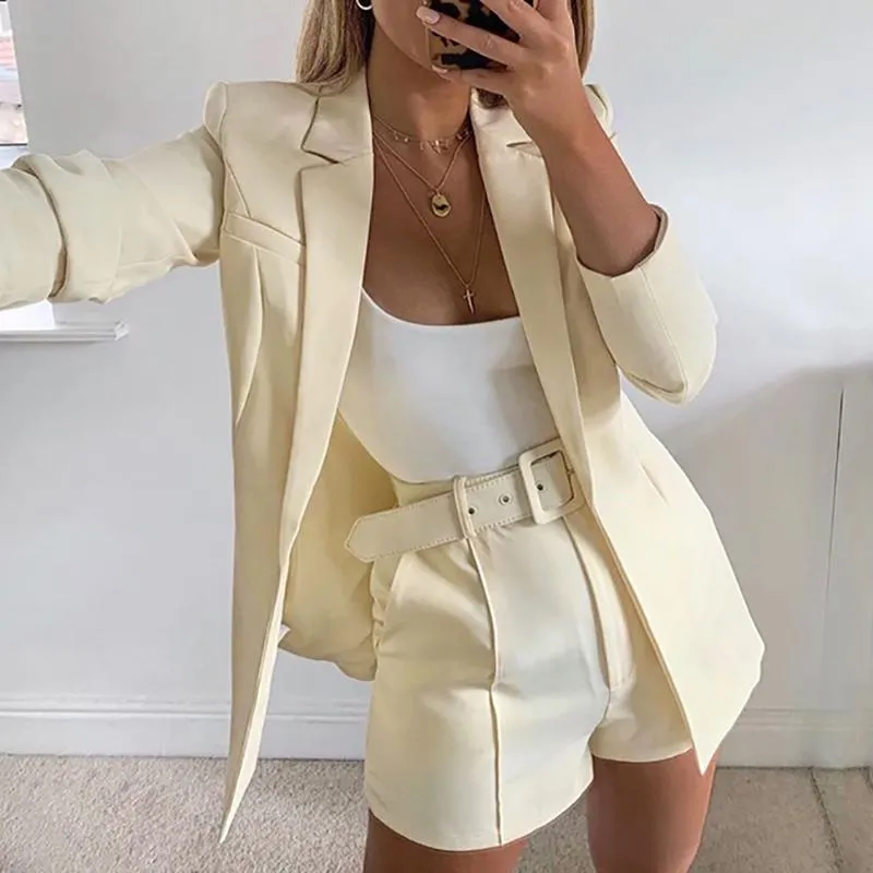 Outfits 2020 Pink Blazer Suit Top Shorts 2 Två stycken med bälte Höst Vinter Kvinnor Streetwear Coat Jacket Sets Office GV993