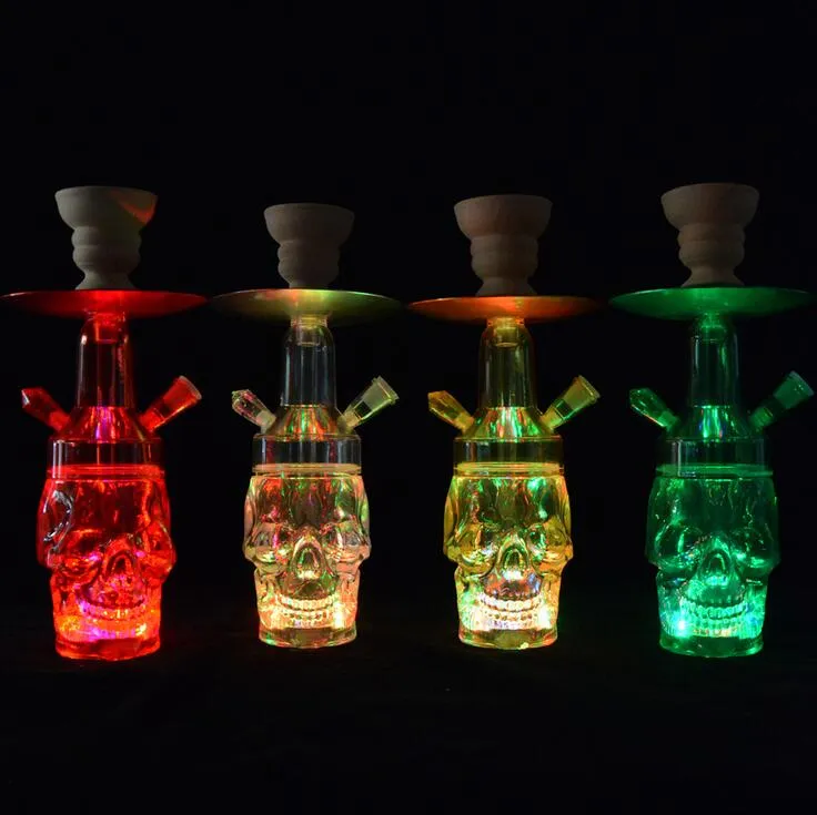 Transparent Skull Acrylic Hookah Bong Set With LED Light Bowl Charcoal Holder Hose Shisha Narguile Chicha Smoking Water Pipes 4 Colors