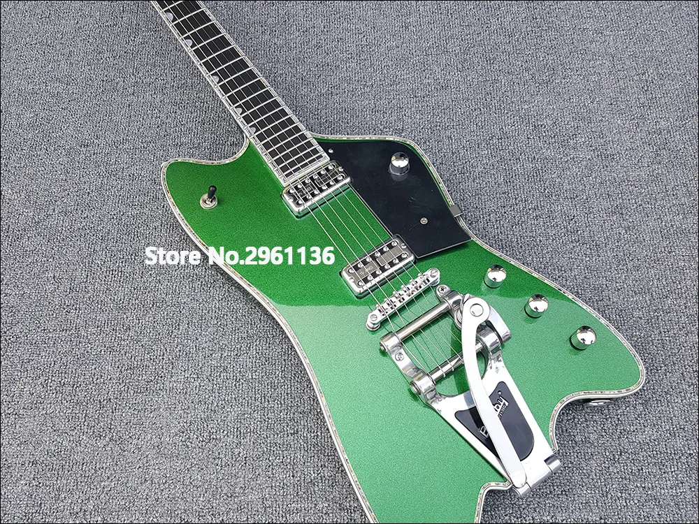Personalizado G6199 BILLY-BO Jupiter Metálico Green Thunderbird Guitarra Elétrica Abalone Corpo Pescoço Encadernação, Bigs Tremolo Tailpiece, Deslizamento