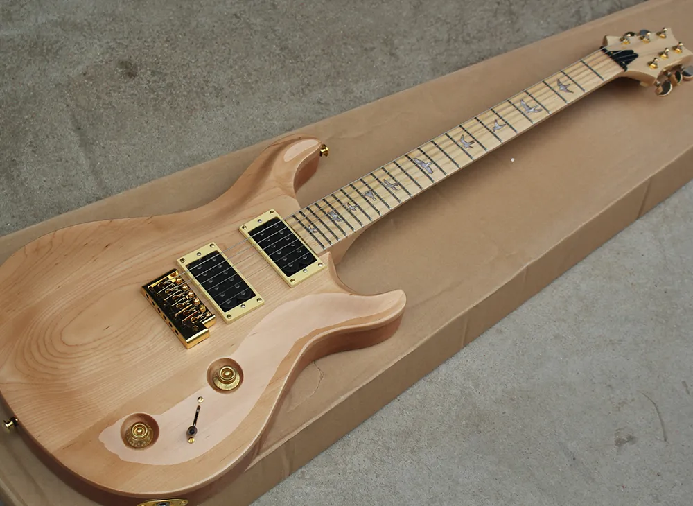 Natuurlijke houten kleur elektrische gitaar met humbuckers pickups, palissander fretboard, vogel inlay, kan worden aangepast als aanvraag