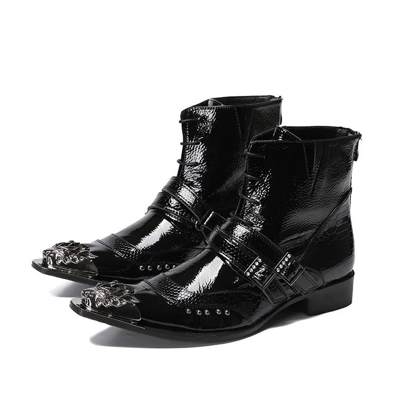 Spitze Metallspitze, modische Herrenstiefel, Motorrad- und Partystiefel, Botas Hombre, Western-Cowboystiefel für Herren, große Größen US6–12