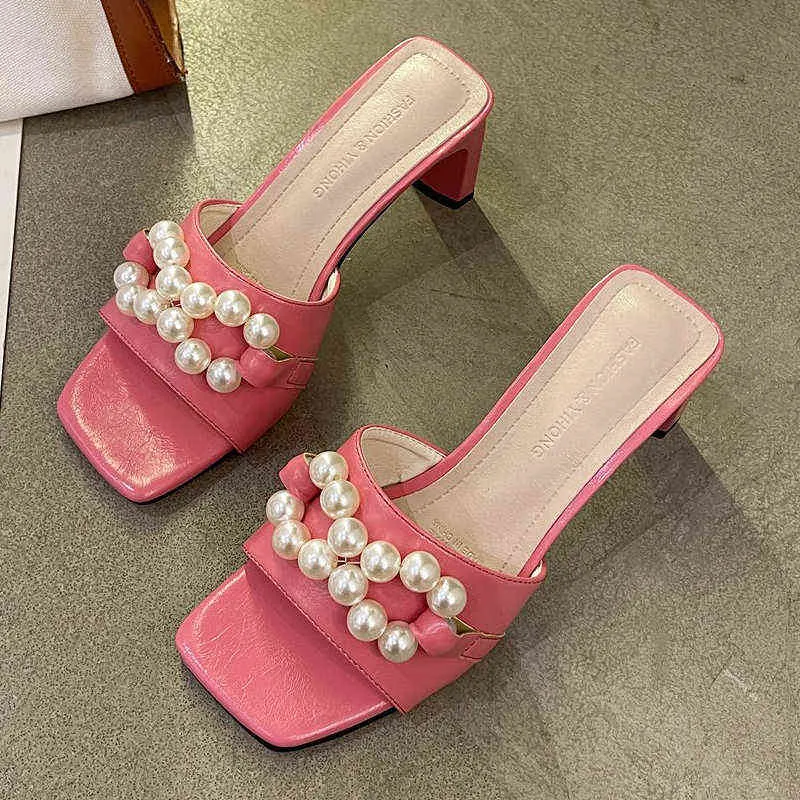 Slippers Women Summer New String Bead High Heels Female Square Heel Sandals Ladies Luxury Party Soft Bottom Slides Heeled 220304