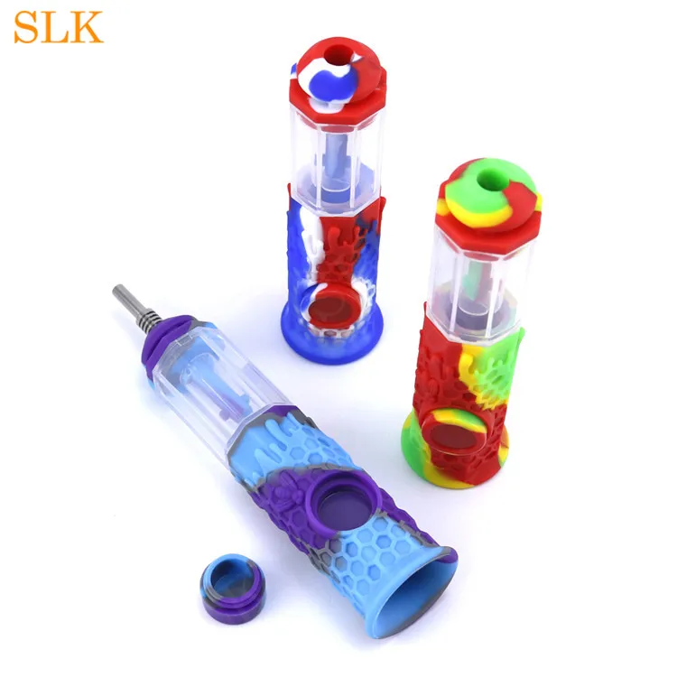 New Octagon Honeybee Silicone Smoking Pipe Oil Rig Silicone Bong Glass Water Pipe with 10MM Titanium nails 2ML Wax Container Hand Pipes