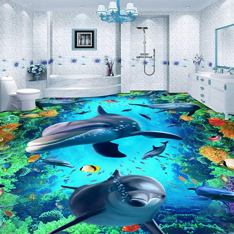 Custom Underwater World Dolphin Floor Mural Wallpaper Stickers Wear Non-slip Waterproof Thickened Self-adhesive Vinyl Wallpapers