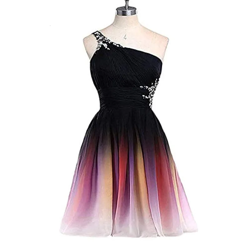 2020 One Shoulder Crystal Gradient 50s Prom Dress Short Lace Up
