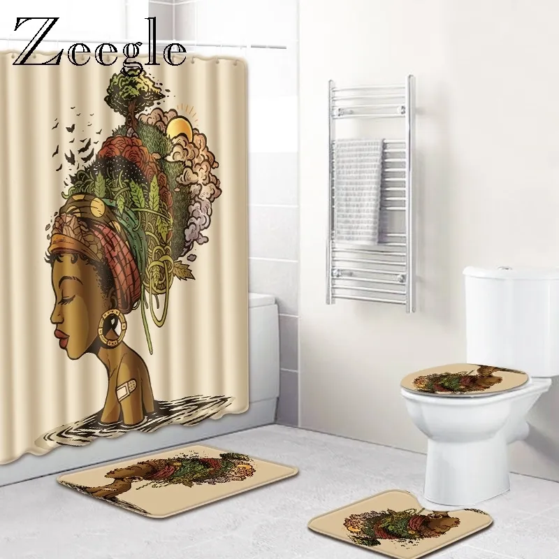 Zeegle Bathroom Carpets Shower Curtain Anti Slip Toilet Pedestal Rug Soft Foot Mat Absorbent Bathroom Floor Rug 4pcs Toilet Set