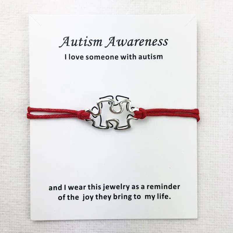 Charm armband medvetenhet autism charms manschett multilager röd vax rep antika silver pläterade kvinnor män unisex med kort armband smycken