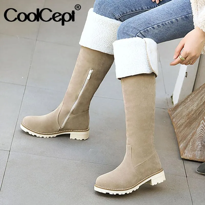 Coolcept nieuwe vrouwen over knie laarzen pluche bont ritssluiting vrouwen lange laarzen mode warme winter schoenen vrouw schoenen maat 35-431