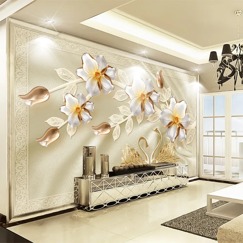 커스텀 3D 벽 벽화 벽지 고급 실크 백조 꽃 보석 TV 배경 종이 홈 장식 거실 현대 그림