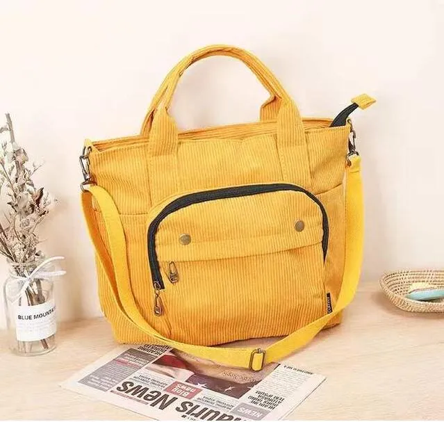Korean Canvas Corduroy Tote Bag - Large Casual Shoulder Bag For Work, College, & Daily Use (Yellow)