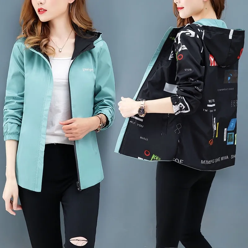 Women's Hooded Printed jacket Summer Causal windbreaker Basic Coats Double sided Sweater Zipper Lightweight Jackets Famale 2XL 201017