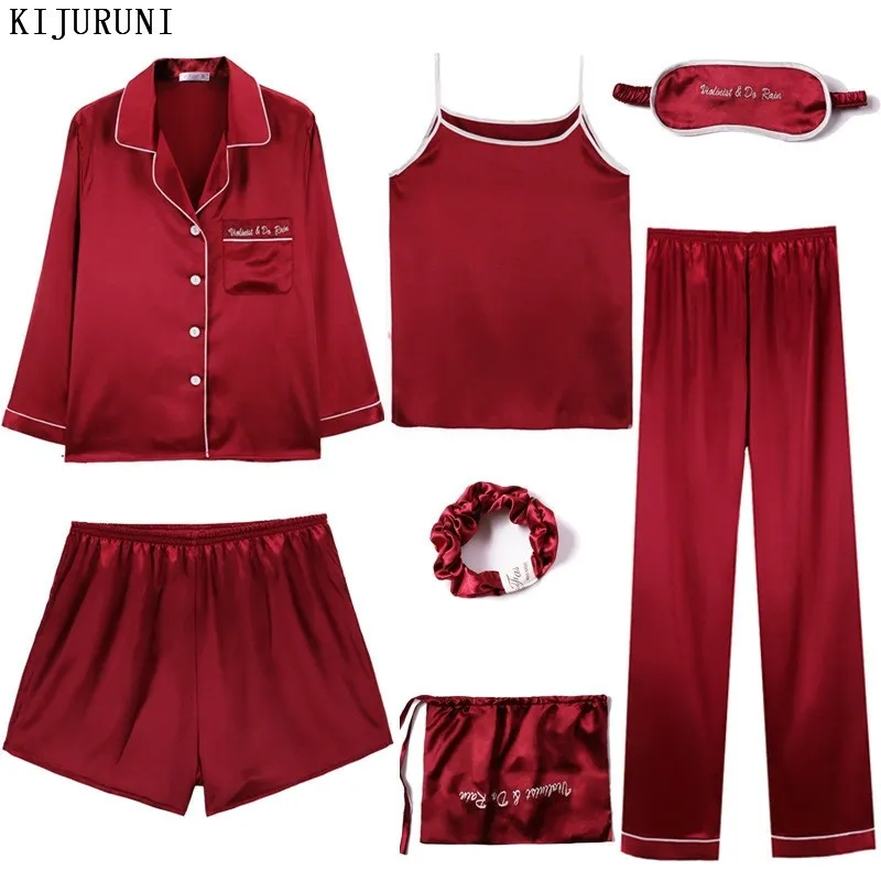 Female Long Sleeve Pyjamas Women 7 Pieces Red Pajamas Set Satin Silk Sexy Lingerie Home Wear Sleepwear Pyjamas Set Ladies Pijama 201027