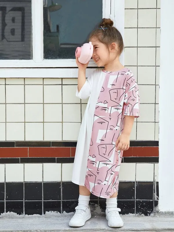 SHE Toddler Girls Two Tone Graphic Tee Dress Drop Shoulder Casual Cotton  Dress For Everyday Wear From Kuo08, $13.08