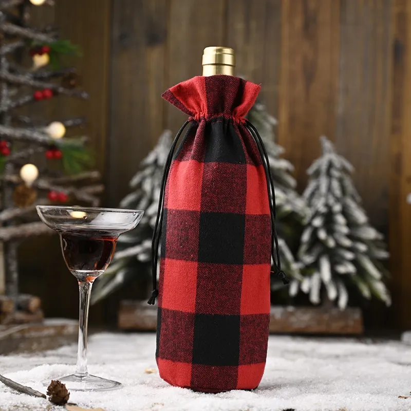 New Christmas Plaid Wine Bottle Covers Bags Drawstring Black Red Plaids Champagne Wines Bottles Cover Xmas Gift Bag Decoration BH4130 TYJ