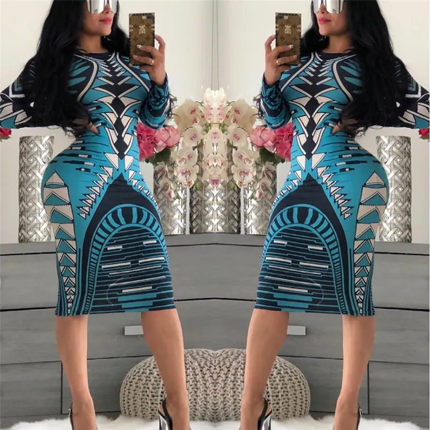 Letni Drukuj Nowość Bandaż Bodycon Sukienka Kobiety Z Długim Rękawem Długość Długość Dówna Elegancka Slim Midi Dresses Vestidos Y0118