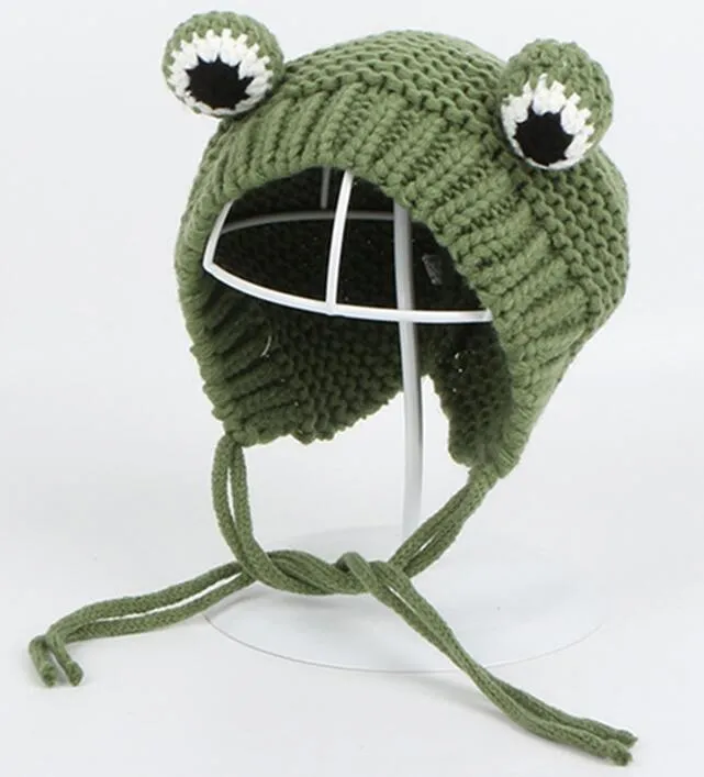 Couleur unie Cartoon grenouille tricoté chapeau hiver chaud Skullies casquette bonnet pour enfant garçon et fille GC700