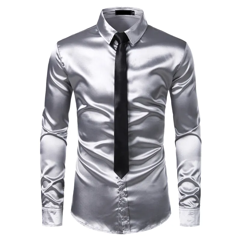 Silver Silk Silver tuxedo shirt for Men - Satin Smooth Fabric, Button Down, Perfect for Weddings, Proms, and Parties - Set of 2 (Y200408)