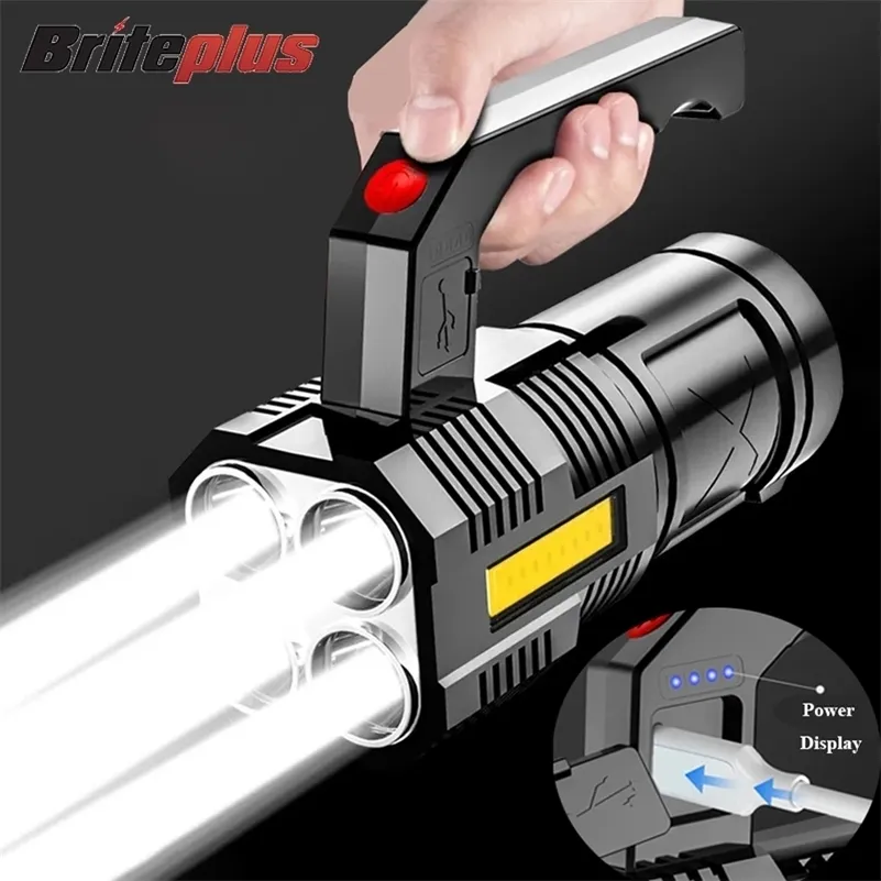 High Power Four-Cell LED Flashlight USB Oplaadbare KOLP Searchlight Camping Super Bright Spotlight Fietslicht 220209