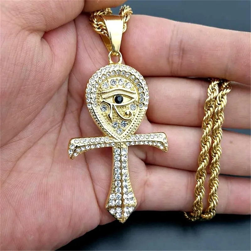 Egyptian Ankh Cross Pendant Halsband För Kvinnor/Män Guld Färg Rostfritt Stål Eye of Horus Halsband Iced Out Bling Egypt Smycken 201014