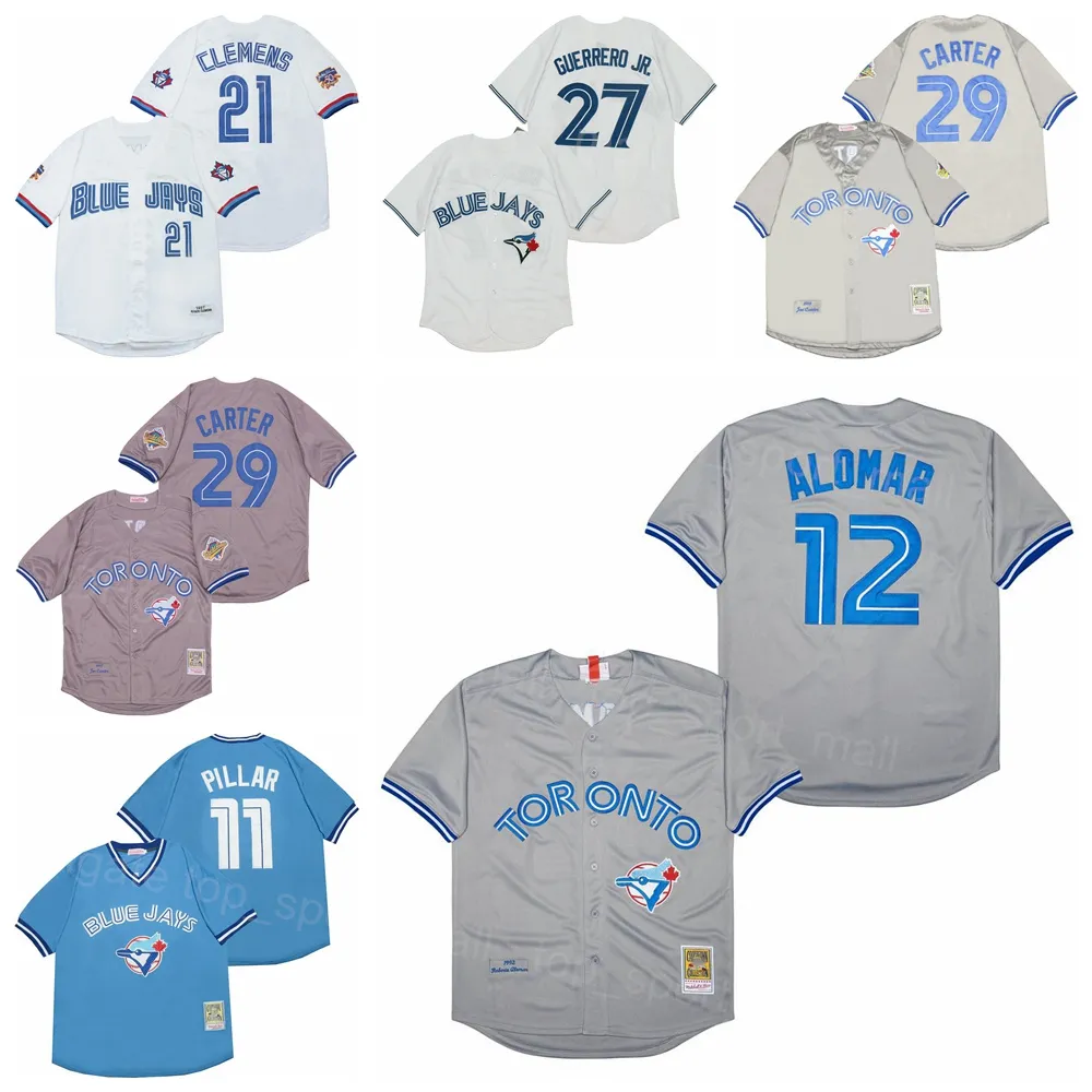 Vintage 1992 1997 Retro Baseball 29 Joe Carter Jersey 21 Roger Clemens 27 Vladimir Guerrero Jr 11 Kevin Pillar 12 Roberto Alomar Blå Vit Grå Cool Base Alla sydda