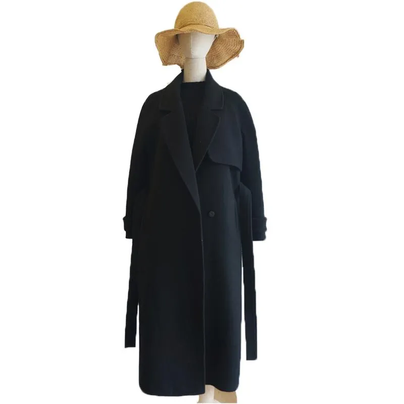 Manteau en laine pour femmes, mélange de laine chaud, Long manteau d'hiver, col rabattu, ceinture réglable, Parka mujer, vêtements de travail au bureau, 2020, LX2551