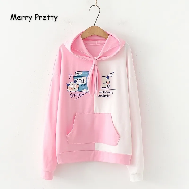 Merry Pretty Women Cartoon Print Pink Hooded Sweatshirts Winter Long Sleeve Tie Collar Hoodies Femme Harajuku Pullovers 201202
