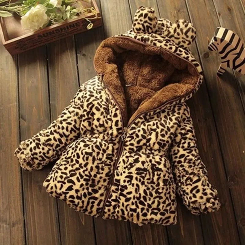 Mode kläder för baby flicka leopard print coat parka med dragkedja och huva vinter varma kläder 6 9 12 18 24 månader 2 3 4 år LJ201125