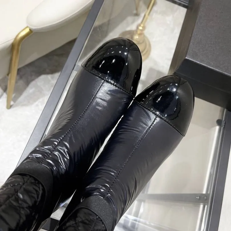 Top quality women down high patent leather knee boots designer new luxury thick-heeled warmth and waterproof Martin boots Wholesale size 35-40