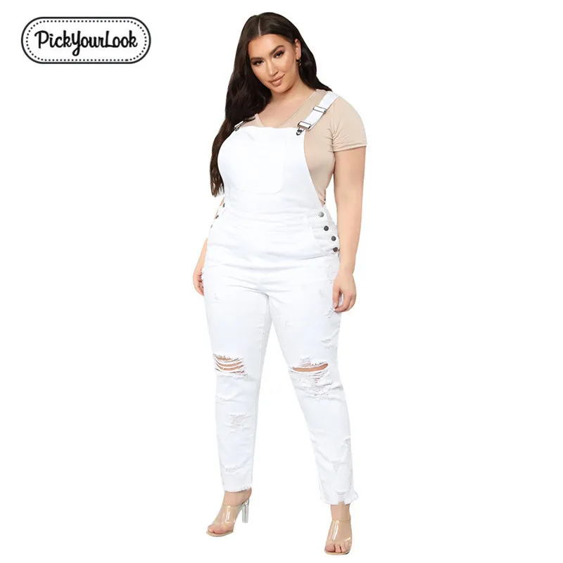 PickYourLook Femmes Combinaison Grande Taille Denim Déchiré Blanc High Street Plus Taille Combinaison Vintage Party Slim Lady Ceinturé Mono T200107