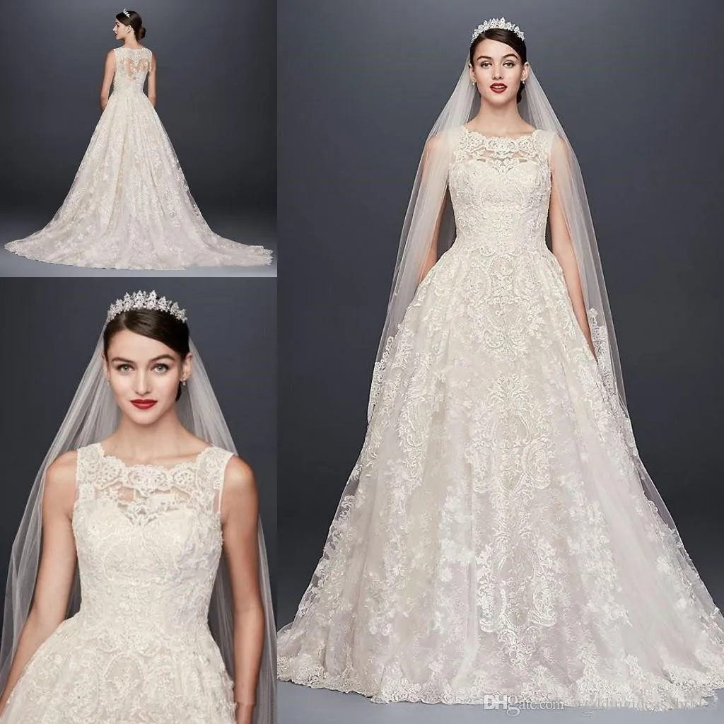 Oleg Cassini 2022 Elegante Brautkleider mit O-Ausschnitt und Knopf am Rücken, Spitzenapplikationen, A-Linie, Hofzug, bürgerliche Prinzessin-Brautkleider